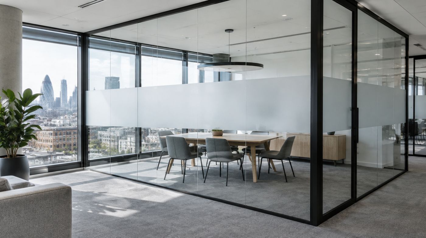 A frameless glass partition wall dividing a meeting room from an open plan London office, with a frosted manifestation band at eye height