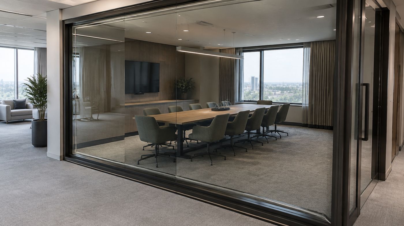 A double glazed acoustic boardroom within an office, two panes in a deep frame