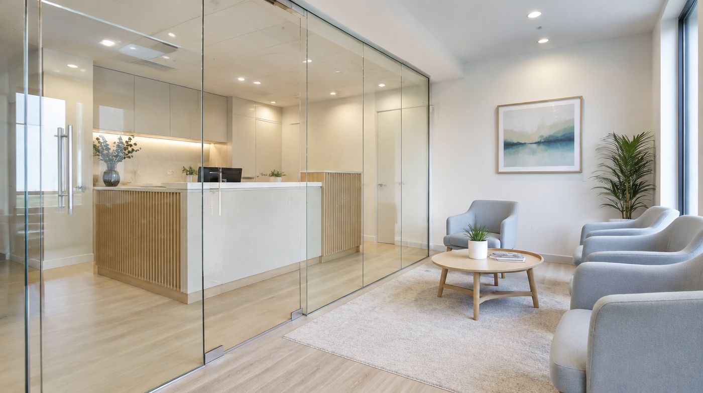 A clinic reception separated from a waiting area by a full height glazed screen and glass door