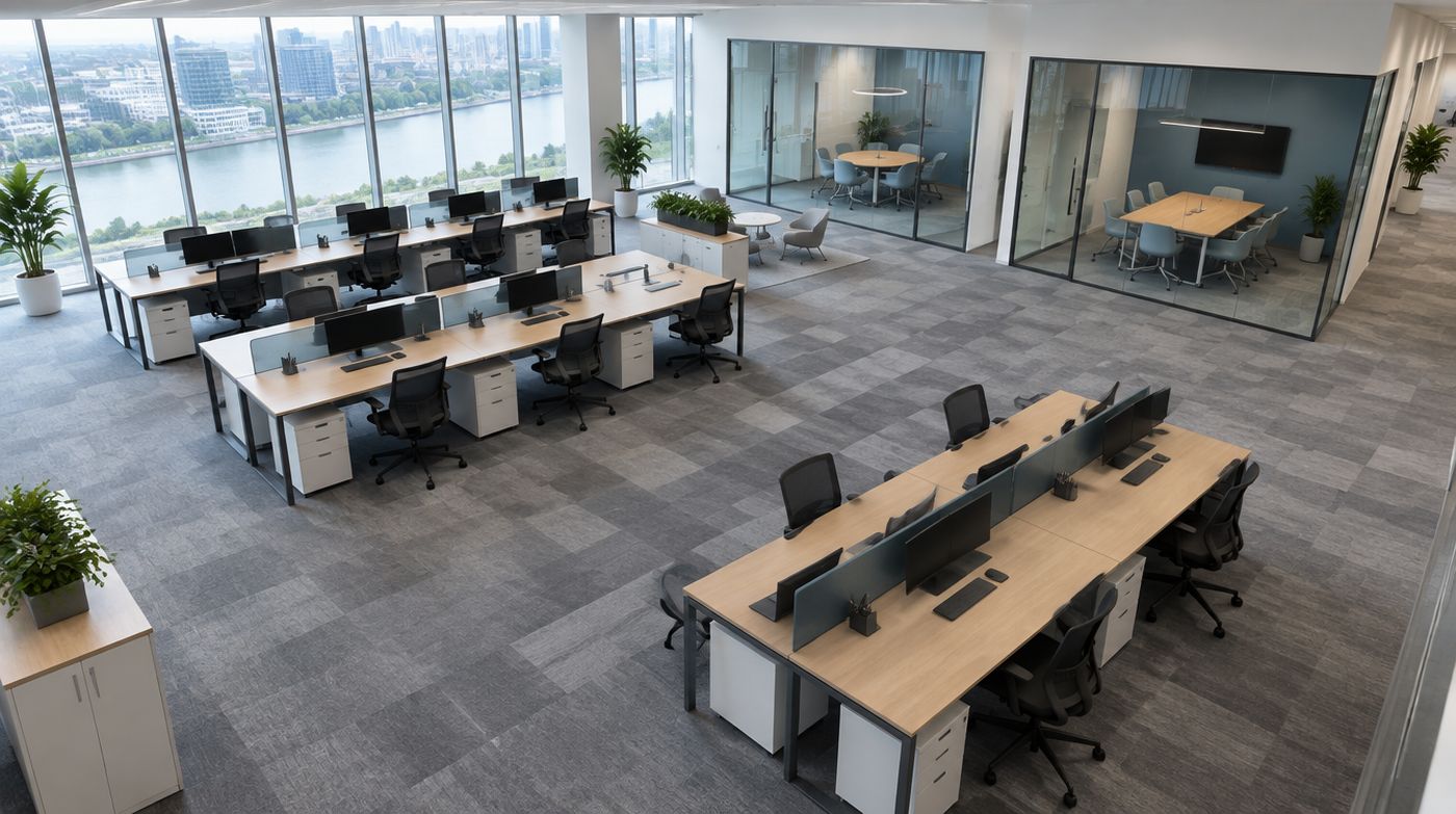 An open plan office floor with two glazed meeting rooms and wide circulation routes between the desks