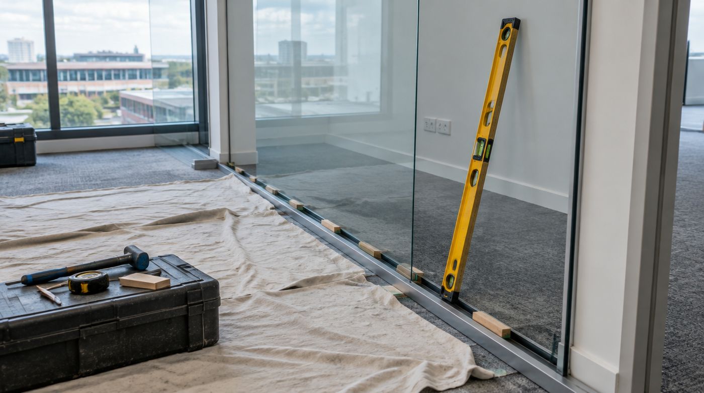 A glass partition panel held upright in its floor track with packers and a spirit level during installation