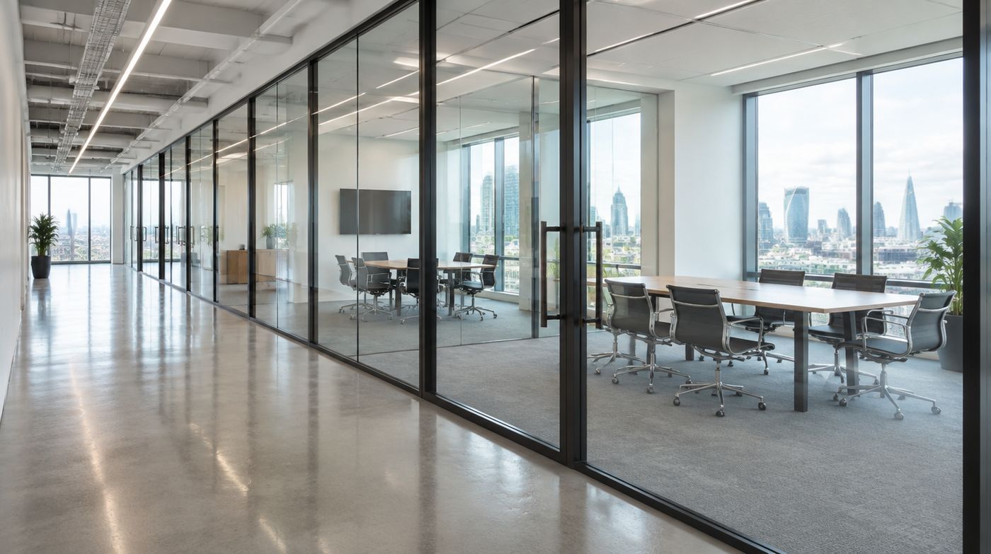 A full height glass partition wall running the length of a modern London office