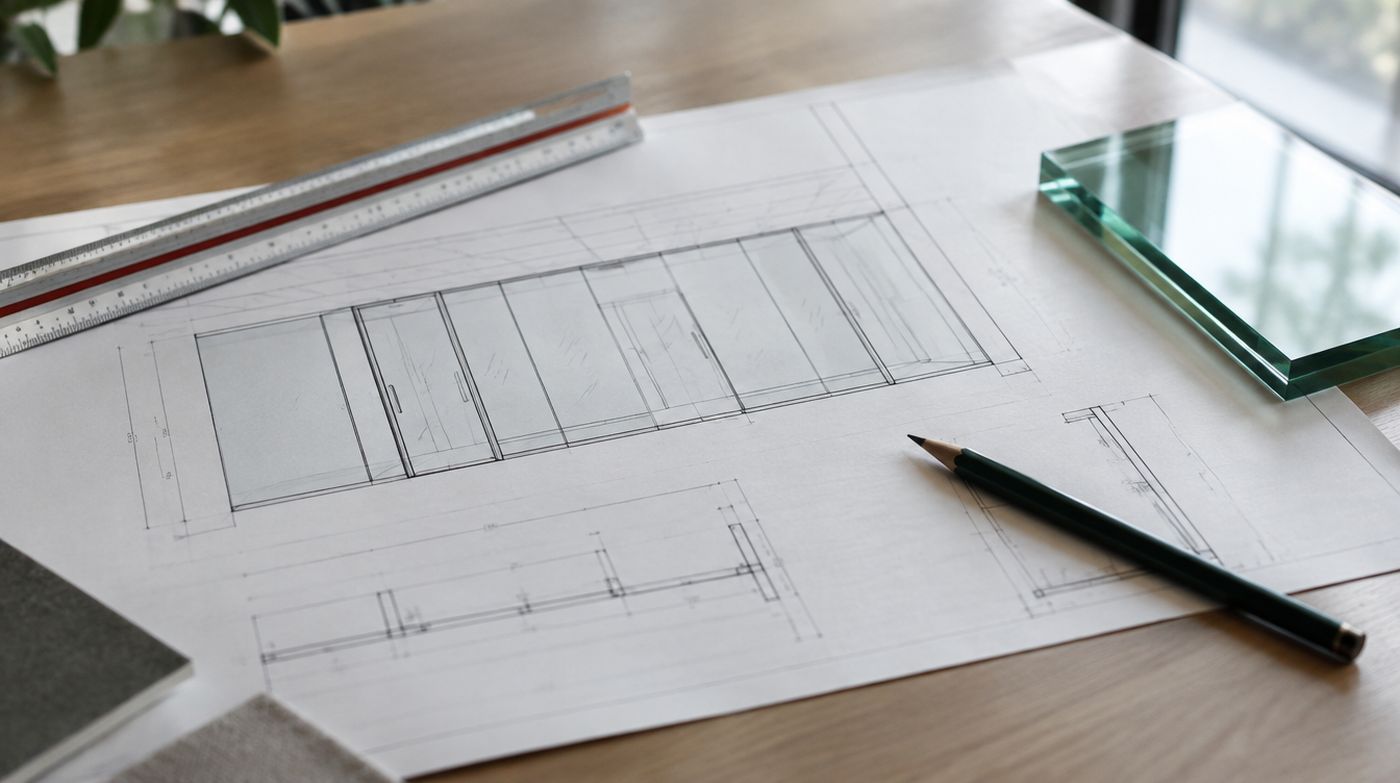 An architectural drawing of a glazed partition layout with a scale rule and a glass sample beside it