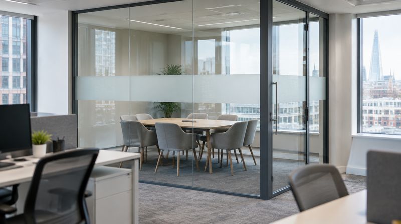A double glazed acoustic glass meeting room with a slim dark frame, set within an open plan office floor