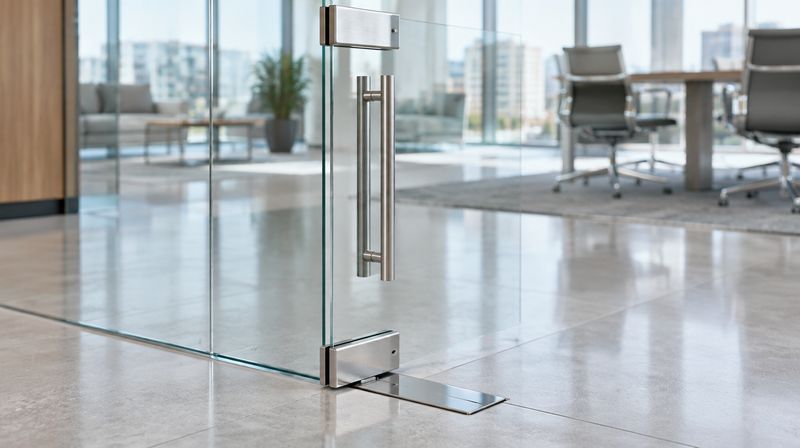 A frameless glass office door on polished stainless steel patch fittings with a floor spring set into the floor