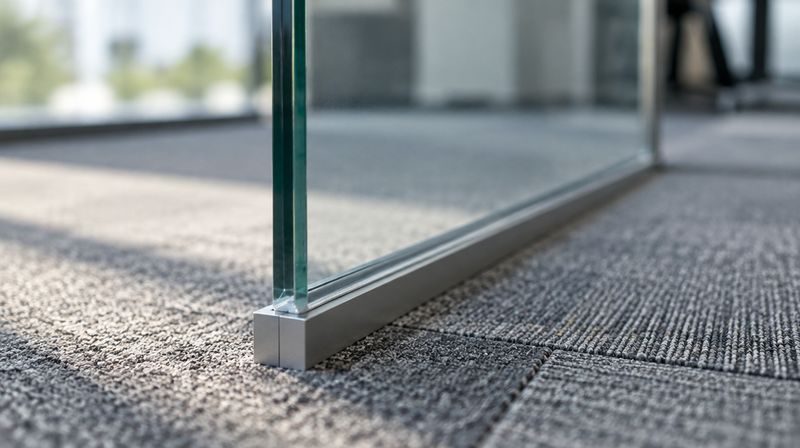 Detail of a toughened glass partition panel meeting its slim aluminium floor track on carpet tiles
