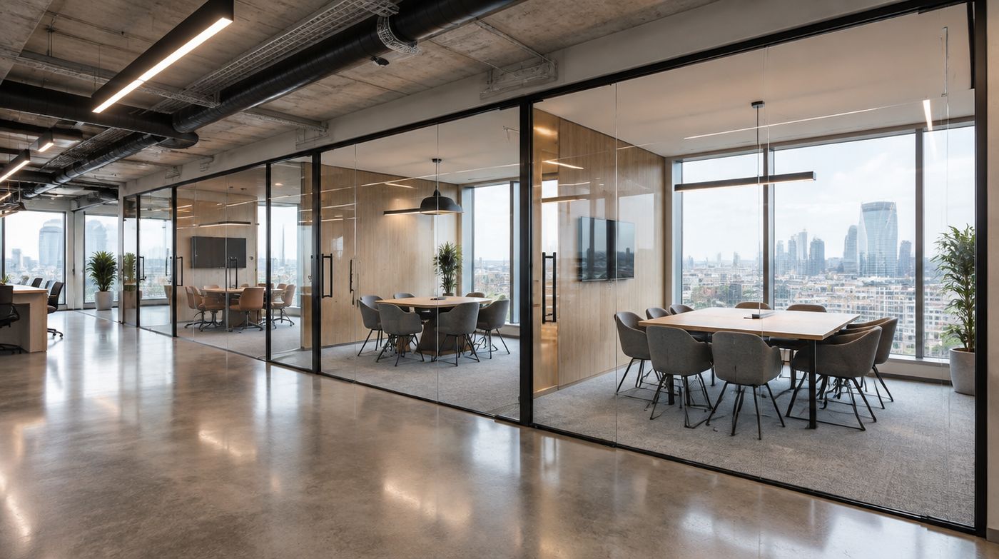 An open plan office floor divided into three glazed meeting rooms by full height glass partition walls