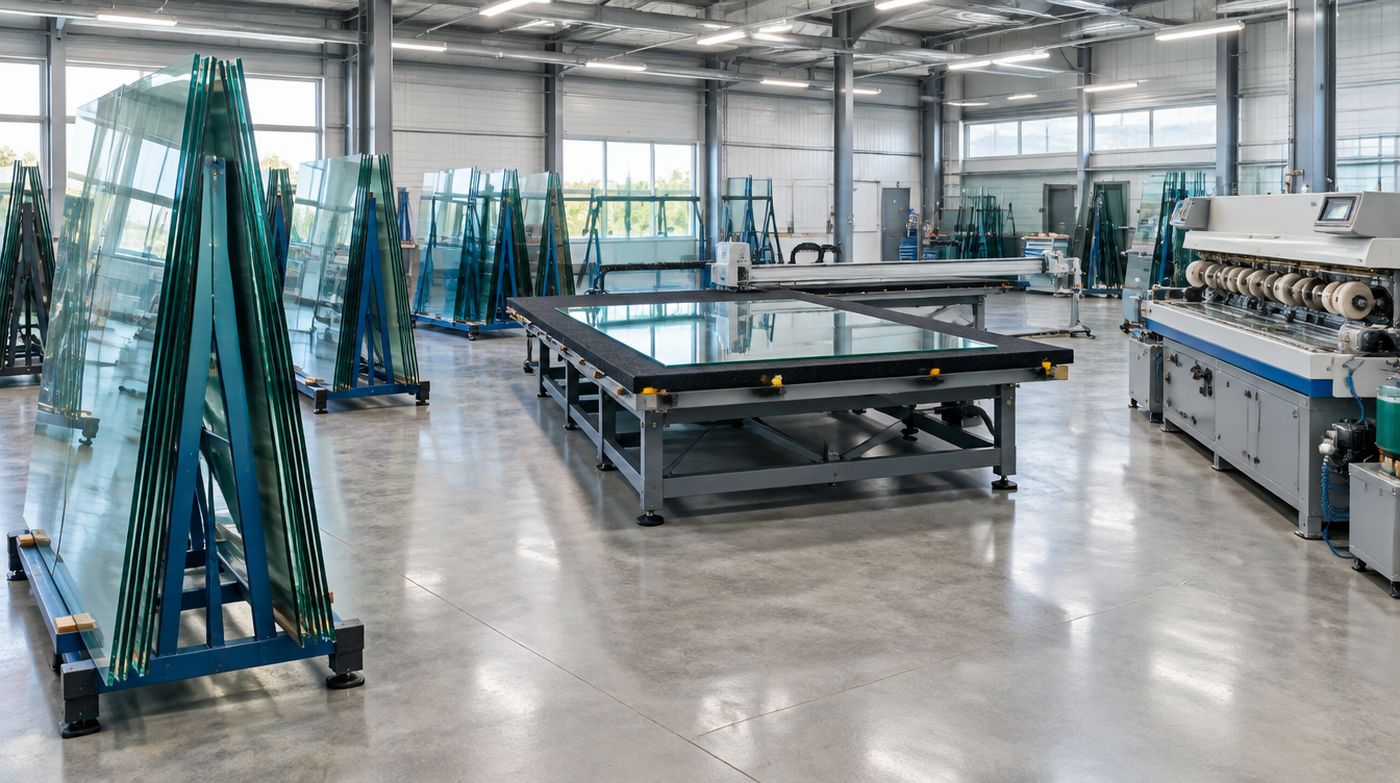Sheets of glass stored on edge in A-frame racks beside a cutting table in a glass processing workshop